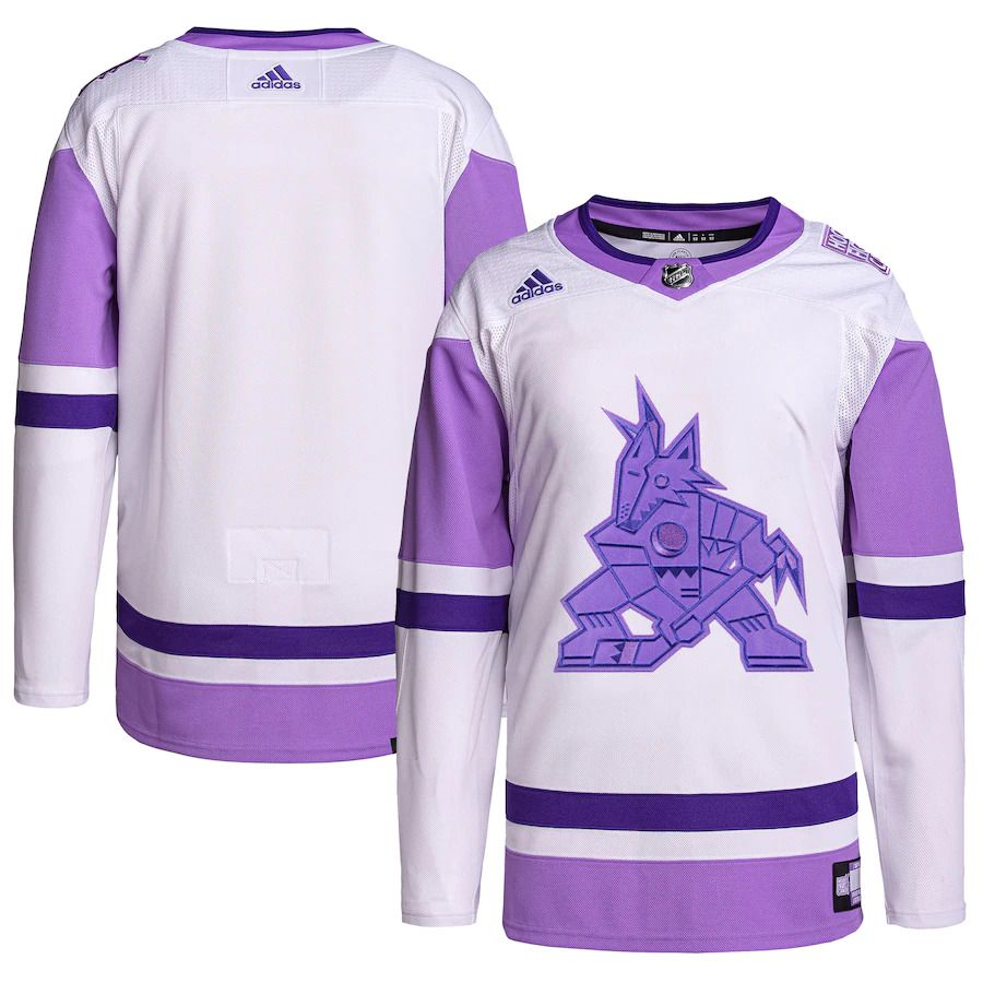 Men Arizona Coyotes adidas White Purple Hockey Fights Cancer Primegreen Authentic Blank Practice NHL Jersey